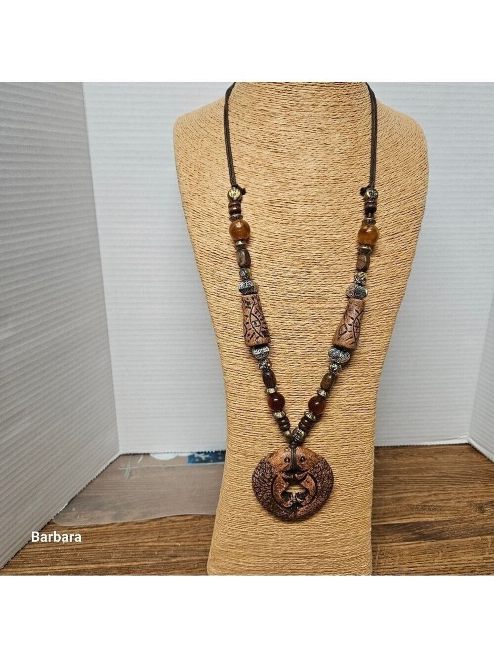 Vintage Wood Carved Pisces Double Fish Beaded Necklace